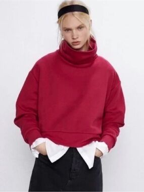 Zara Cropped Turtleneck Sweatshirt in Berry Red